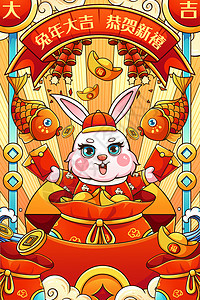 喜庆2023癸卯兔年红包福袋兔子兔年大吉插画背景图片