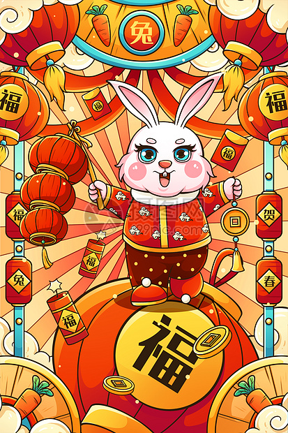 喜庆2023癸卯兔年拿灯笼金币兔子春节插画图片