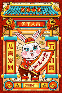 喜庆2023癸卯兔年拿对联兔子迎新年春节插画高清图片