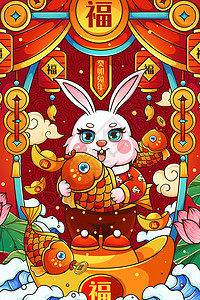 喜庆2023癸卯兔年抱锦鲤兔子年年有余春节插画背景图片
