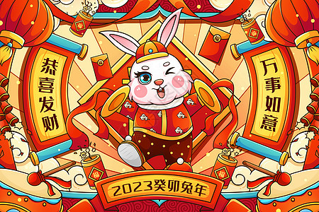 喜庆2023癸卯兔年打锣兔子迎新年春节插画图片
