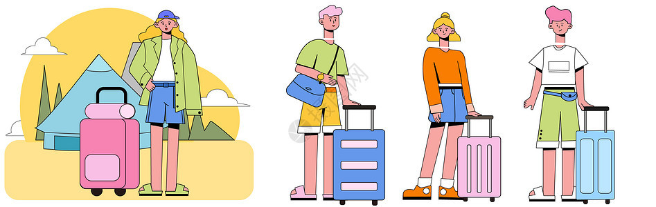 糖果色站姿野外旅游携带行李箱露营SVG插画图片