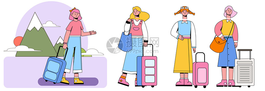 糖果色站姿野外携带行李箱旅游雪山山峰SVG插画图片