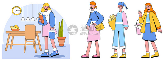 淡彩色面包店门口面包互动人物生活SVG插画图片