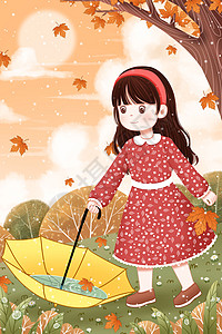 寒露节气枫树下拿伞的小女孩图片
