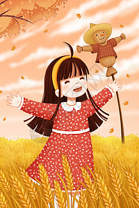 秋天麦田里的小女孩和稻草人图片