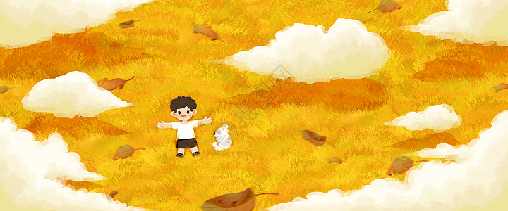 秋天男孩和狗躺在草地上看云插画banner高清图片