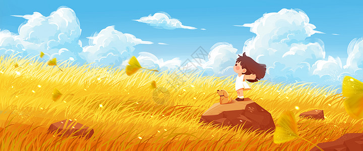 草地落叶秋天女孩和狗站在石头上吹秋风插画banner插画