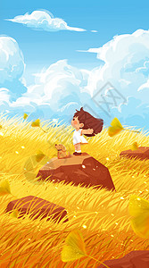 秋季打折海报秋天女孩和狗站在石头上吹秋风开屏插画插画