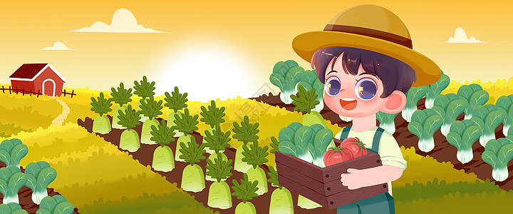秋天在田地里丰收食物的农民插画banner图片