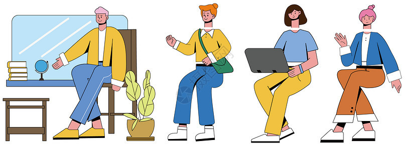 黄橙蓝棕教室人物教育SVG插画图片