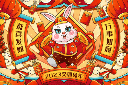 喜庆2023癸卯兔年打锣兔子迎新年春节插画gif动图图片