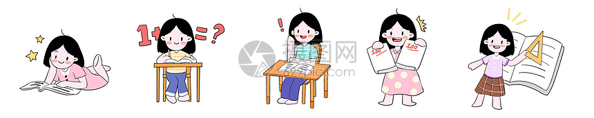 可爱线描教师节卡通女孩看书写作业插画元素图片