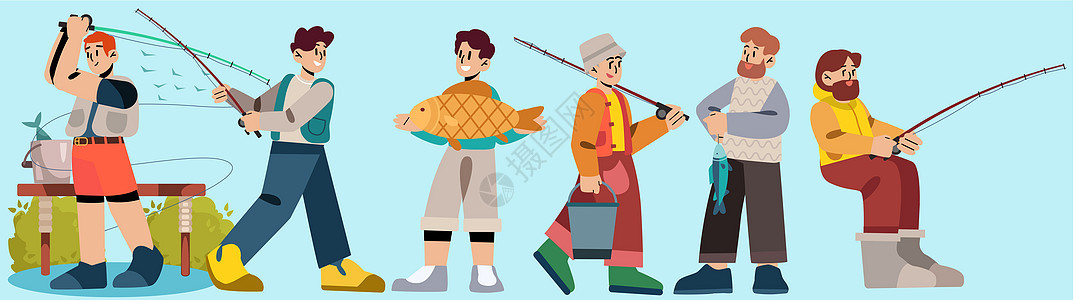 svg插画组件渔夫钓鱼捕鱼垂钓矢量人物组合图片