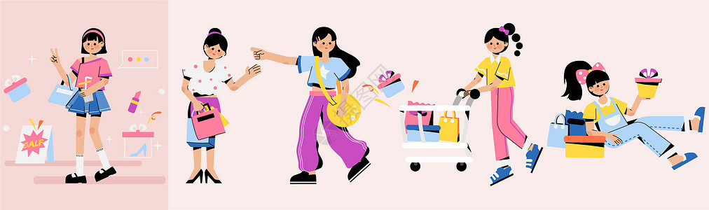 粉蓝黄紫色扁平生活逛街购物女孩svg插画元素图片