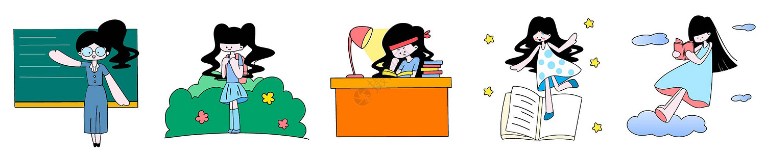 教育主题卡通女孩上课看书写作业插画元素图片