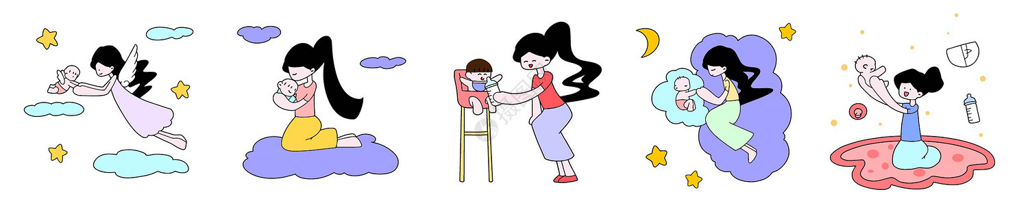 母婴卡通女孩妈妈和婴儿牵手抱抱互动插画元素图片
