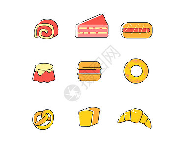 黄橙红暖色扁平甜点面包蛋糕美食布丁热狗甜甜圈svg插画图标元素图片