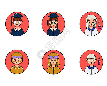 红色可爱研究生男女科学家男女飞行员男女可爱人物头像SVG图标元素图片