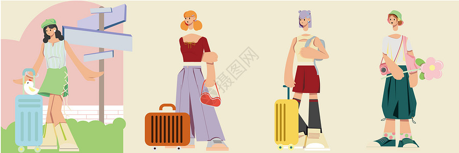 马卡龙色系旅游人物背书包拉行李箱少女拆分人物组件SVG插画图片
