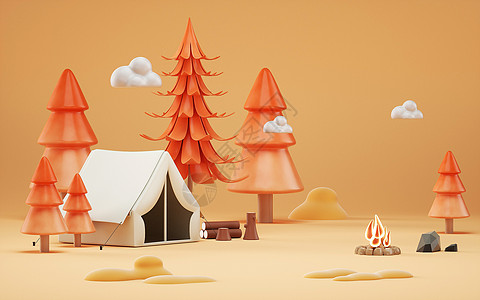 露营篝火3D立体卡通秋季森林露营场景设计图片
