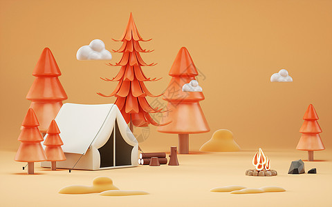 3D立体卡通秋季森林露营场景图片