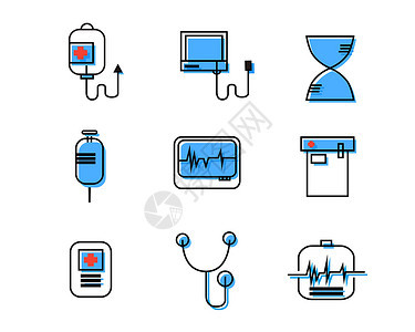 蓝色医疗主题听诊器针筒心电图吊瓶元素套图svg图标背景图片