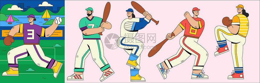 SVG插画组件之棒球运动员扁平人物动态图片