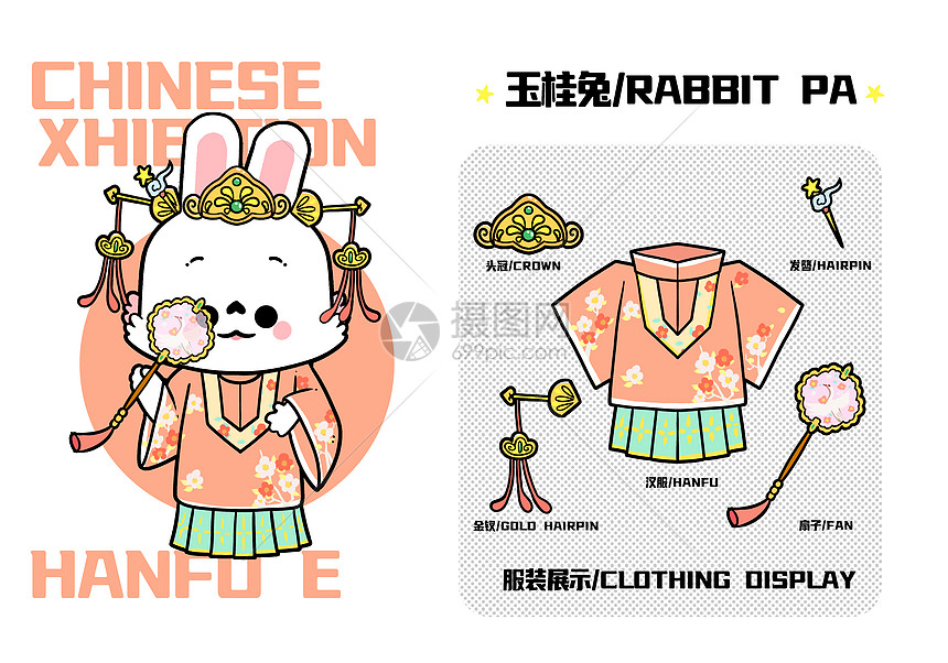 小兔IP形象设计玉桂兔橙绿搭配服装配饰图片