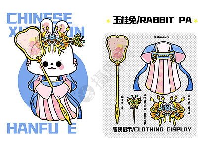 小兔IP形象设计玉桂兔蓝粉搭配服装配饰背景图片