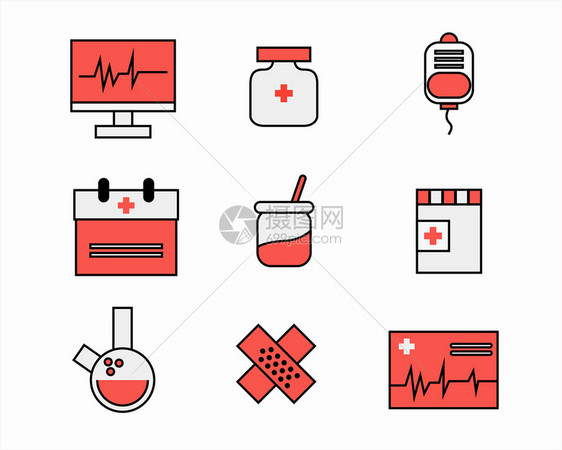 红色医疗主题救护车吊瓶药警报创可贴元素套图svg图标图片