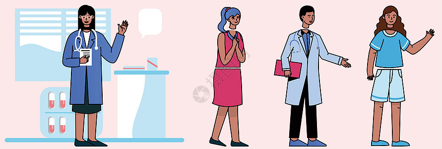 粉蓝色询问问题的病人医生SVG插画图片