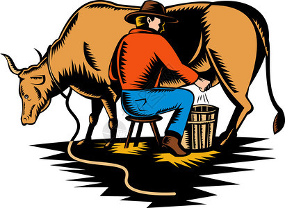 以木刻风格完成的农民挤奶牛的插图背景图片
