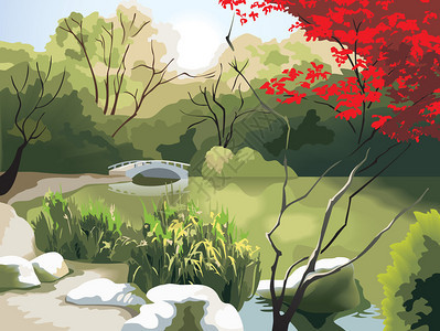 春季自然公园风景池塘上的小桥图片