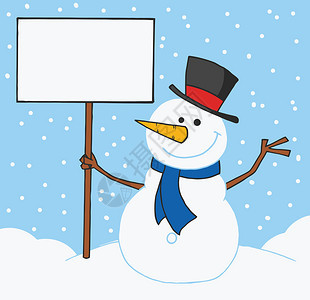 雪人在雪地里举着空白牌子图片