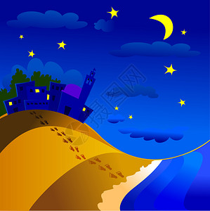 海 夜描绘村庄海洋和海滩的夜景观插画