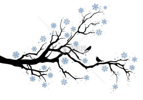 美丽的冬树带雪花和鸟图片