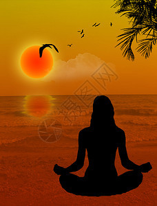 日落时在海边做瑜伽运动的女人矢量图图片