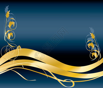 蓝色背景上的抽象金色螺旋花卉网格工作和画笔矢量图片