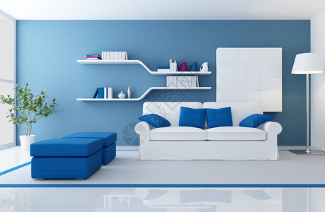 在一个蓝色现代客厅图片