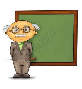 有趣的卡通教授站在黑板边的白图片
