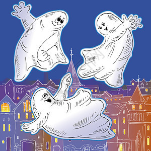 三个鬼魂在城市的夜空里玩耍轮廓颜色幻影和城市在不图片