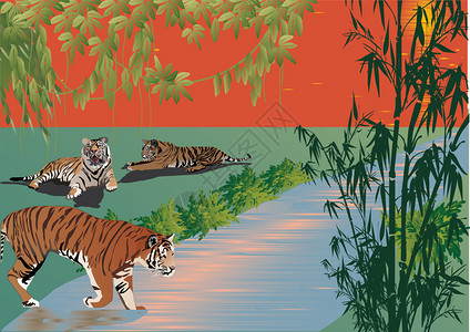 豹子奔跑以森林中河流附近的插画