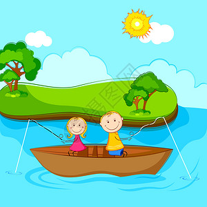 孩子们坐在船上钓鱼的插图图片