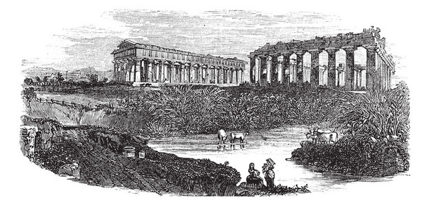 年代意大利坎帕尼亚帕埃斯图姆的寺庙遗址图片