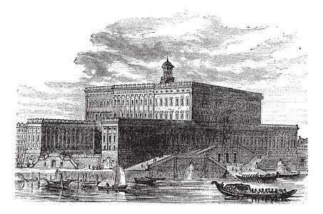 斯德哥尔摩宫的旧雕刻插图图片