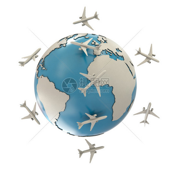 白色背景的地球和飞机图片