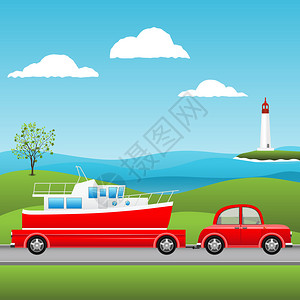 红色汽车和船图片