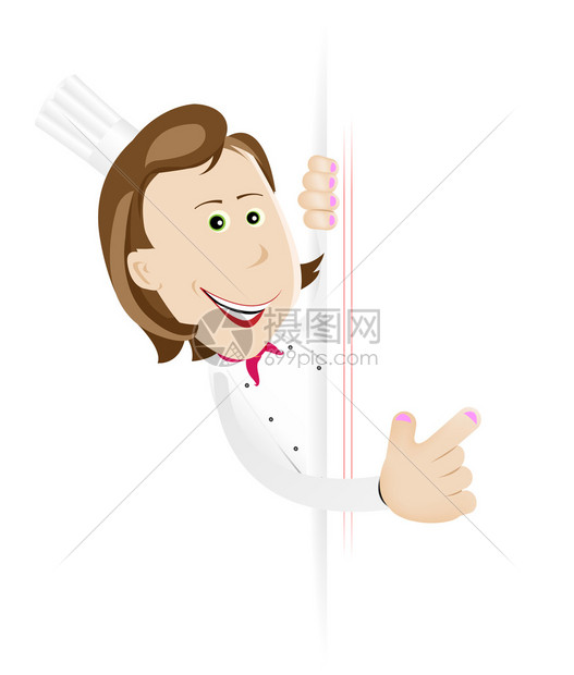 说明一位卡通白人厨师女士拿着一张空白的牌子将您的留图片
