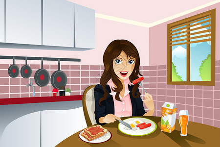 一个美丽的女人在家吃早餐的矢量图图片